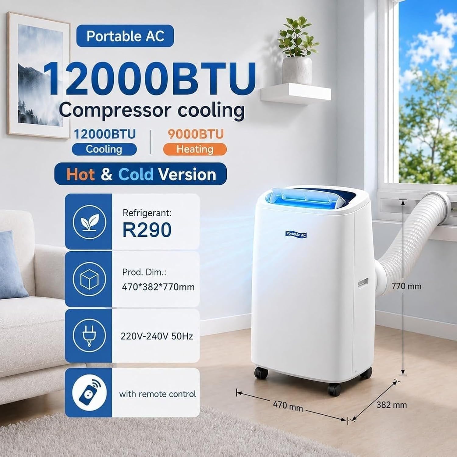 Portable Air Conditioner 18000BTU Cooler Fan Dehumidifier Heater Combo, Dual Hose, 120° Oscillation Timer Remote Control, Ideal Cooling Heating for Bedroom Livi, (12000btu), (12000BTU) (12000btu) (12000BTU)