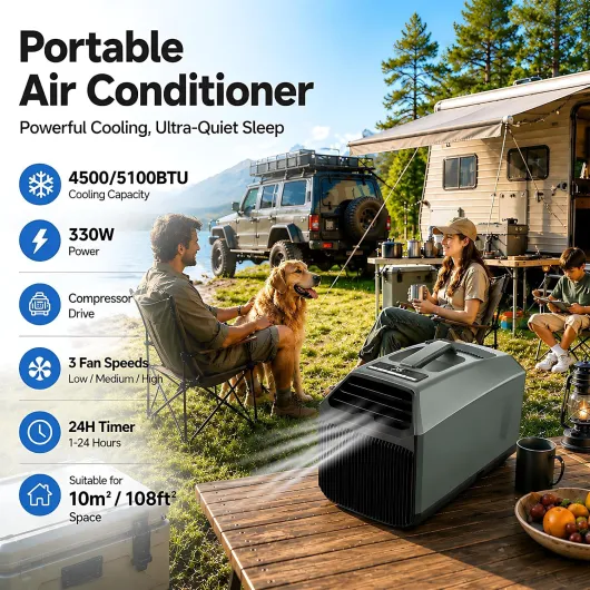 Portable Air Conditioner - 5100 BTU 24V DC/4500 BTU 110V, Dual Hose, Self-Evaporating, 330W Low Draw, Quiet Sleep Mode for Tent, RV, Truck Cabins, Overlanding