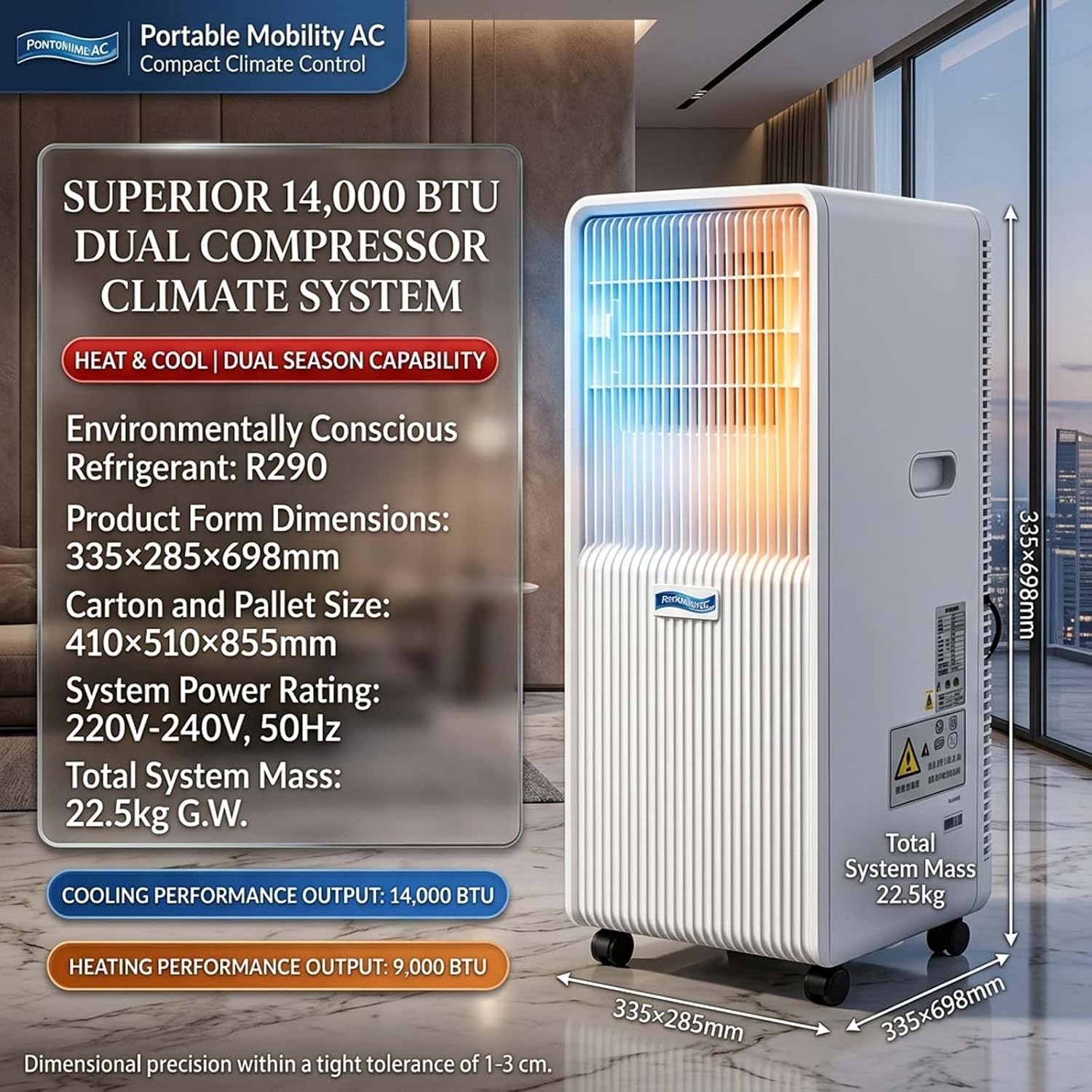 14000 BTU Portable Aircon, 2-in-1 Mobile Air Conditioner, Cooling Heating