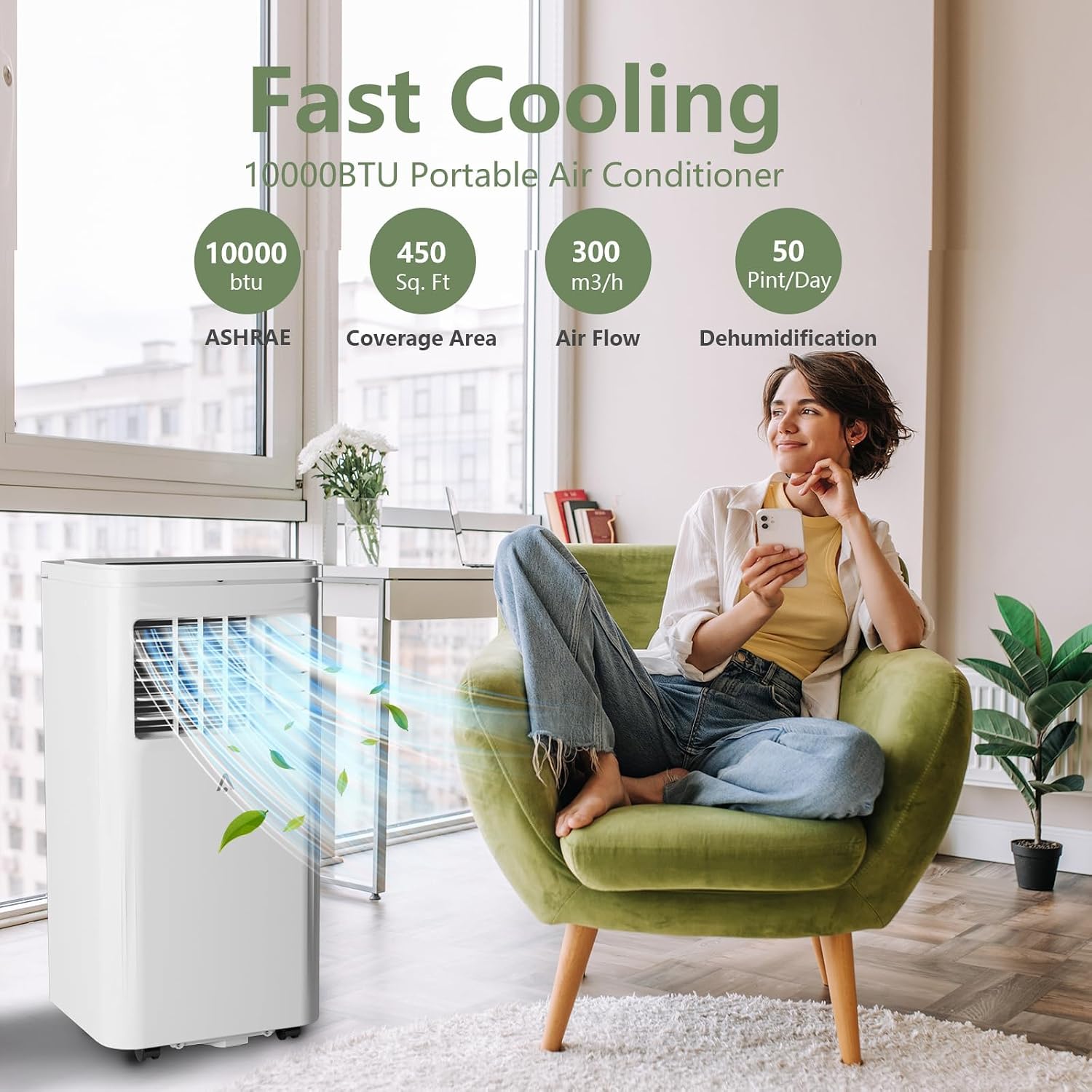 Portable Air Conditioner 10000 BTU - Cools 450 Sq.Ft Rooms, 3-in-1 AC with Dehumidifier, Timer & Remote, Includes Window Kit