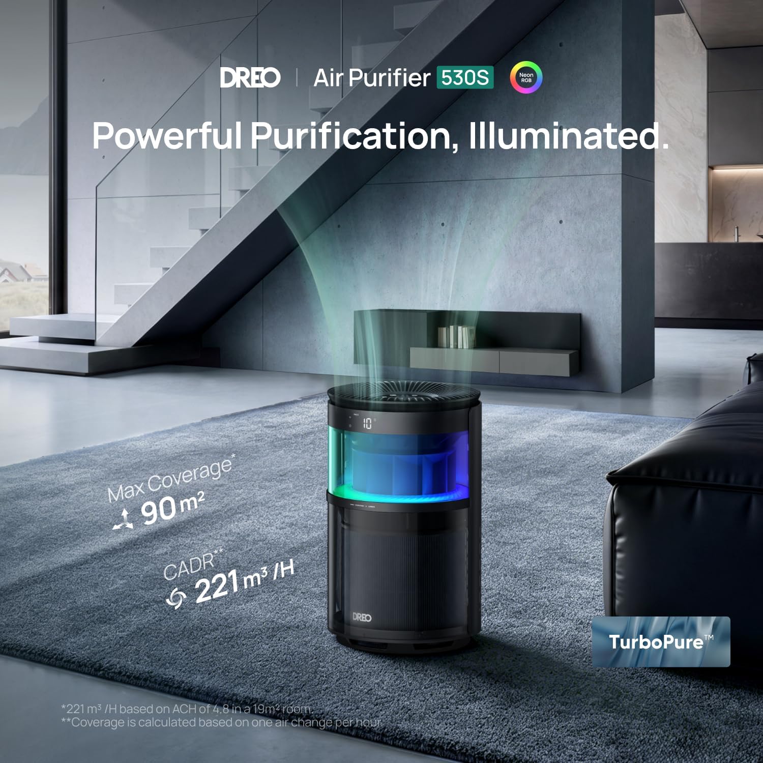 18dB Quiet Smart Air Purifier for Bedroom, 221m³/h CADR, 530S Black