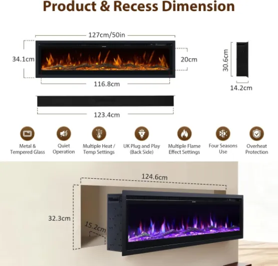 Electric Fire Wall Mounted/Recessed/Freestanding 127cm Electric Fireplace with Remote & Touch Screen Control 12 LED Color Flame Effect, 2 Heat Settings 900W&1800W, Crystal & Log Set 127 cm
