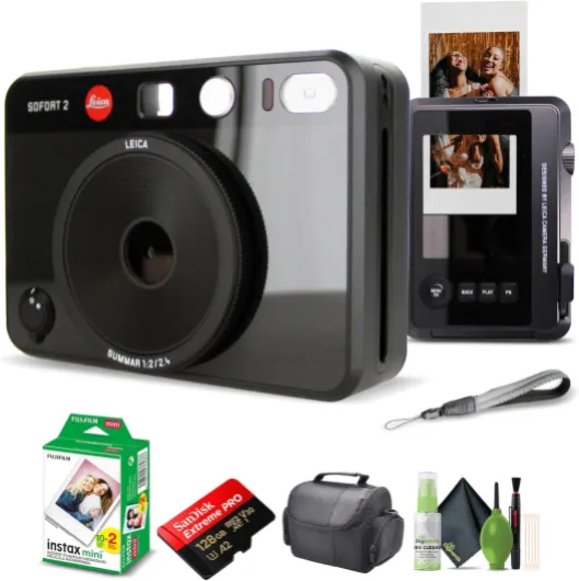 Sofort 2 Hybrid Instant Photo Film and Digital Camera (Black) (19190) with LCD Display Bundle with Fujifilm Instant Film 20 Sheets + 128 GB Memory Card + Bag + Cleaning Kit Black W/ 20 Sheets