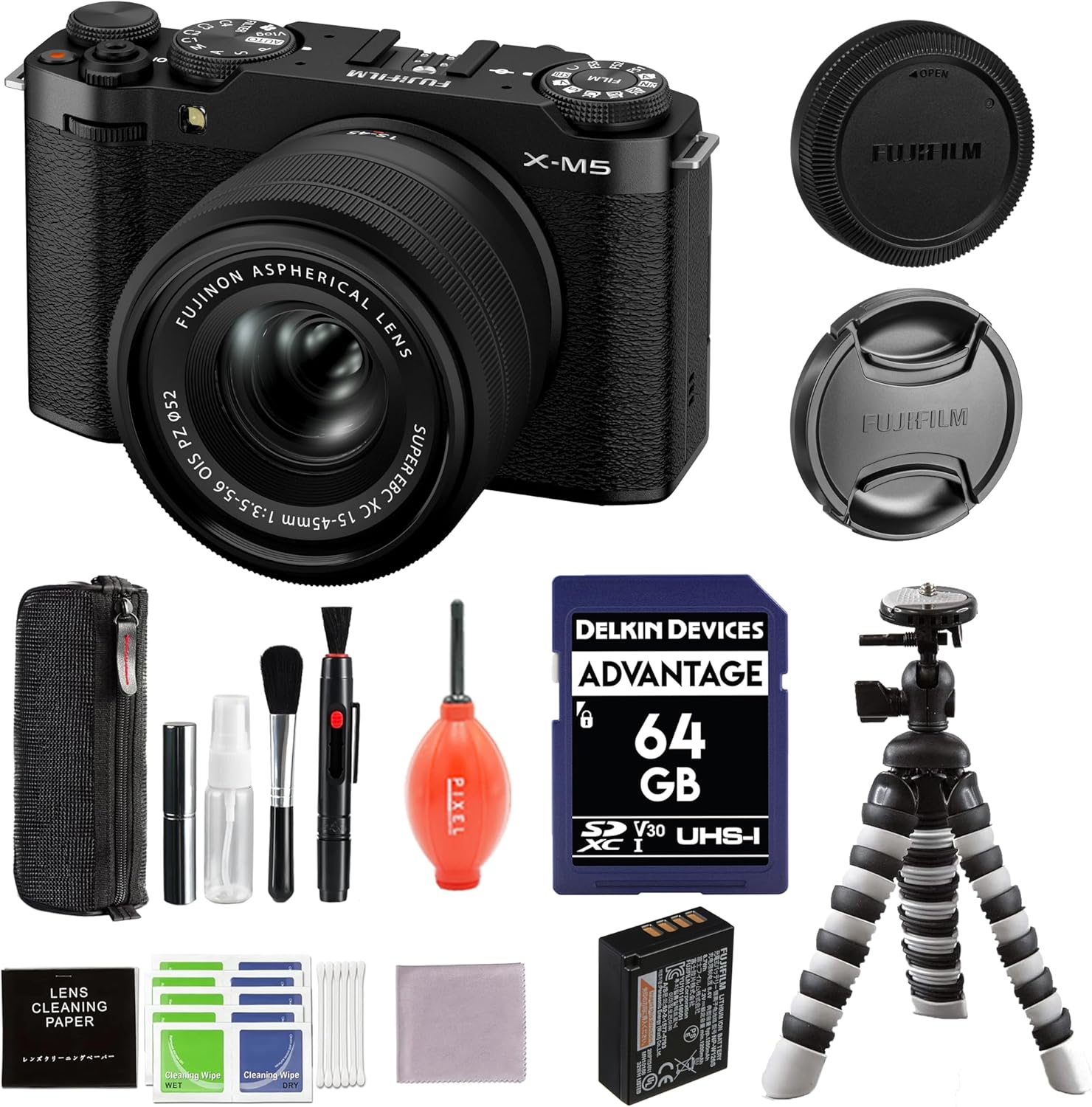 X-M5 Mirrorless Camera with XC 15-45mm f/3.5-5.6 Lens (Black) Bundle with Flexible Tripod, 64GB SD Card & Additional Accessories Black Starter