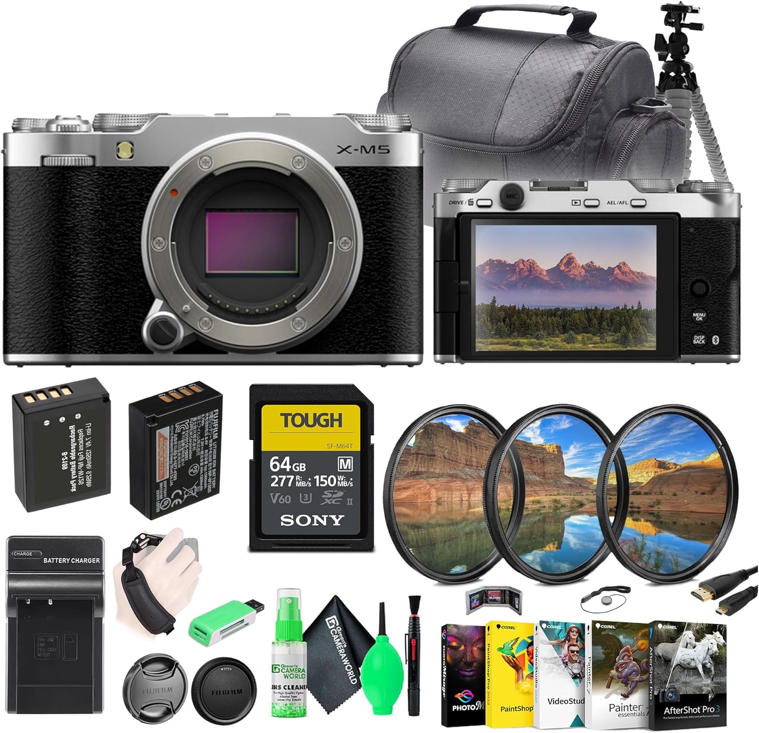 X-M5 Mirrorless Digital Camera Body - Silver Bundle with Battery for Fuji NP-W126 + Charger + 64GB SF-M Tough Series UHS-II SDXC Memory Card + Corel Photo, Video, & Art Suite Deluxe + More