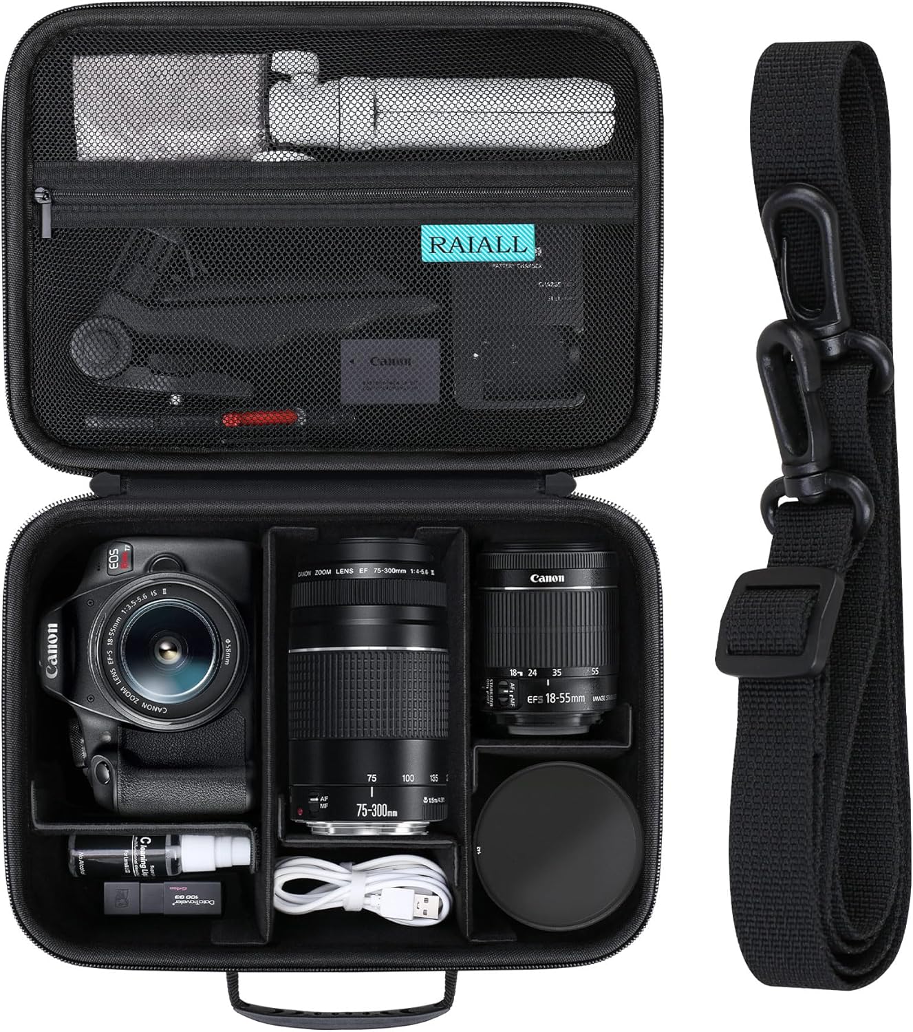 RAIALL Camere Case for Canon EOS Rebel T7/R50/R50V/R100/R6 Mark II/R5/ R8/R10/RP/R7/Sony/Nikon D7500 DSLR Camera, Lens, Tripod, Hard Protective Travel Bag with a Shoulder Strap and 5 Dividers, Black Black+Black