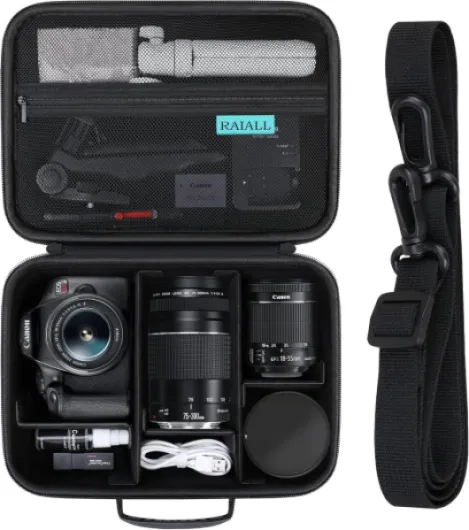 RAIALL Camere Case for Canon EOS Rebel T7/R50/R50V/R100/R6 Mark II/R5/ R8/R10/RP/R7/Sony/Nikon D7500 DSLR Camera, Lens, Tripod, Hard Protective Travel Bag with a Shoulder Strap and 5 Dividers, Black Black+Black