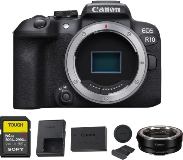 EOS R10 Mirrorless Camera – Compact APS-C RF-Mount Camera with 24.2MP Sensor, 4K Video & Dual Pixel CMOS AF II (5331C002) + Canon Adapter EF-EOS R + 64GB Memory Card + Shoulder Bag Body Only
