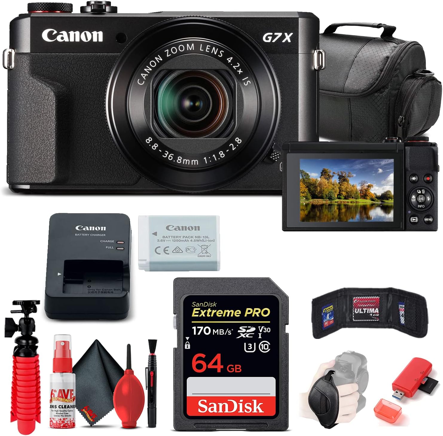 Canon PowerShot G7 X Mark II Digital Camera (1066C001), 64GB Memory Card, Card Reader, Soft Bag, Flex Tripod, Hand Strap, Memory Wallet, Cleaning Kit (International Model) (Renewed)