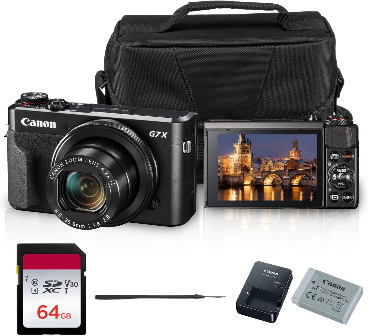 PowerShot G7 X Mark II Digital Camera (Black) 20.1MP 1-Inch CMOS Sensor, DIGIC 7, 4.2X Optical Zoom Lens - Full HD 1080p Video, Wi-Fi, Tilting Touchscreen with Bag and 64GB Card