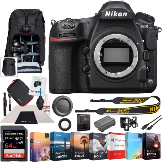 D850 45.7MP Full-Frame FX-Format Digital SLR Camera Black Body Bundle with 64GB Memory Card, Photo and Video Professional Editing Suite, Camera Sling Backpack and Cleaning Kit