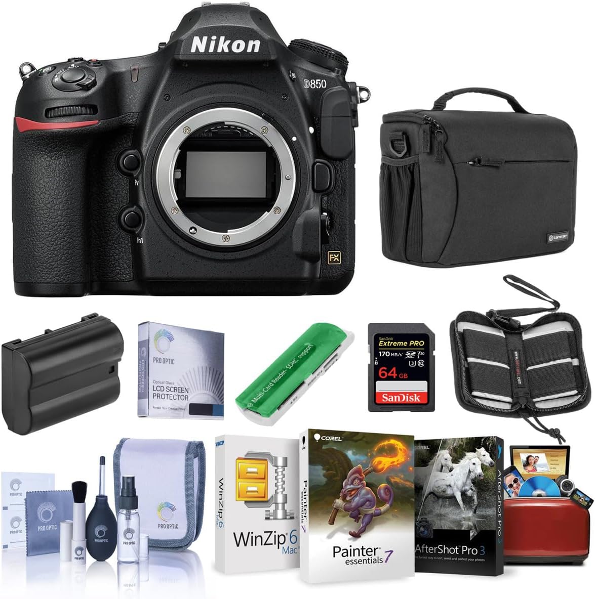 D850 DSLR Camera Body - Bundle with 64GB SDXC U3 Card, Camera Case, Spare Battery, Cleaning Kit, Memory Wallet, Card Reader, Glass Screen Protector Mac Software Package