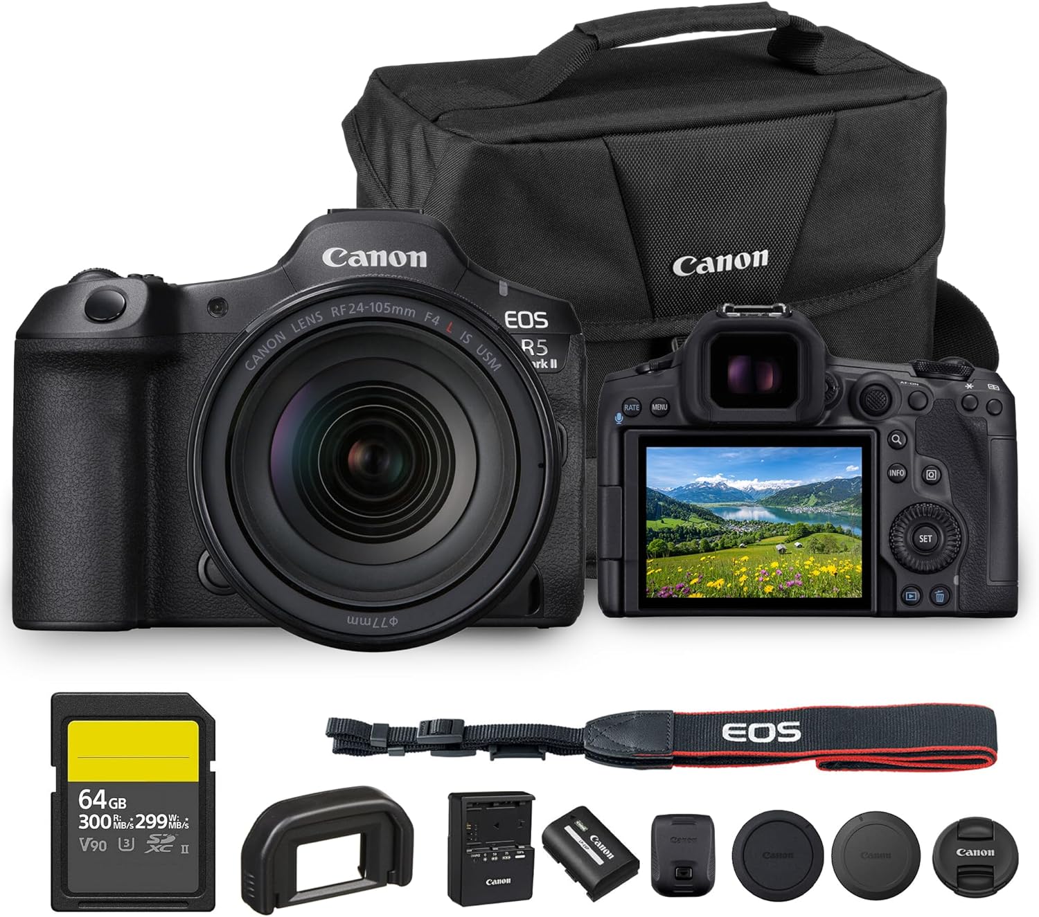 EOS R5 Mark II Mirrorless Camera with RF 24‑105mm f/4 L is USM Lens - 45MP Full‑Frame CMOS, 8K RAW/4K 120p Video, Dual Pixel CMOS AF II, 8‑Stop Image Stabilization with Bag and 64GB Card w/ 24-105mm Lens