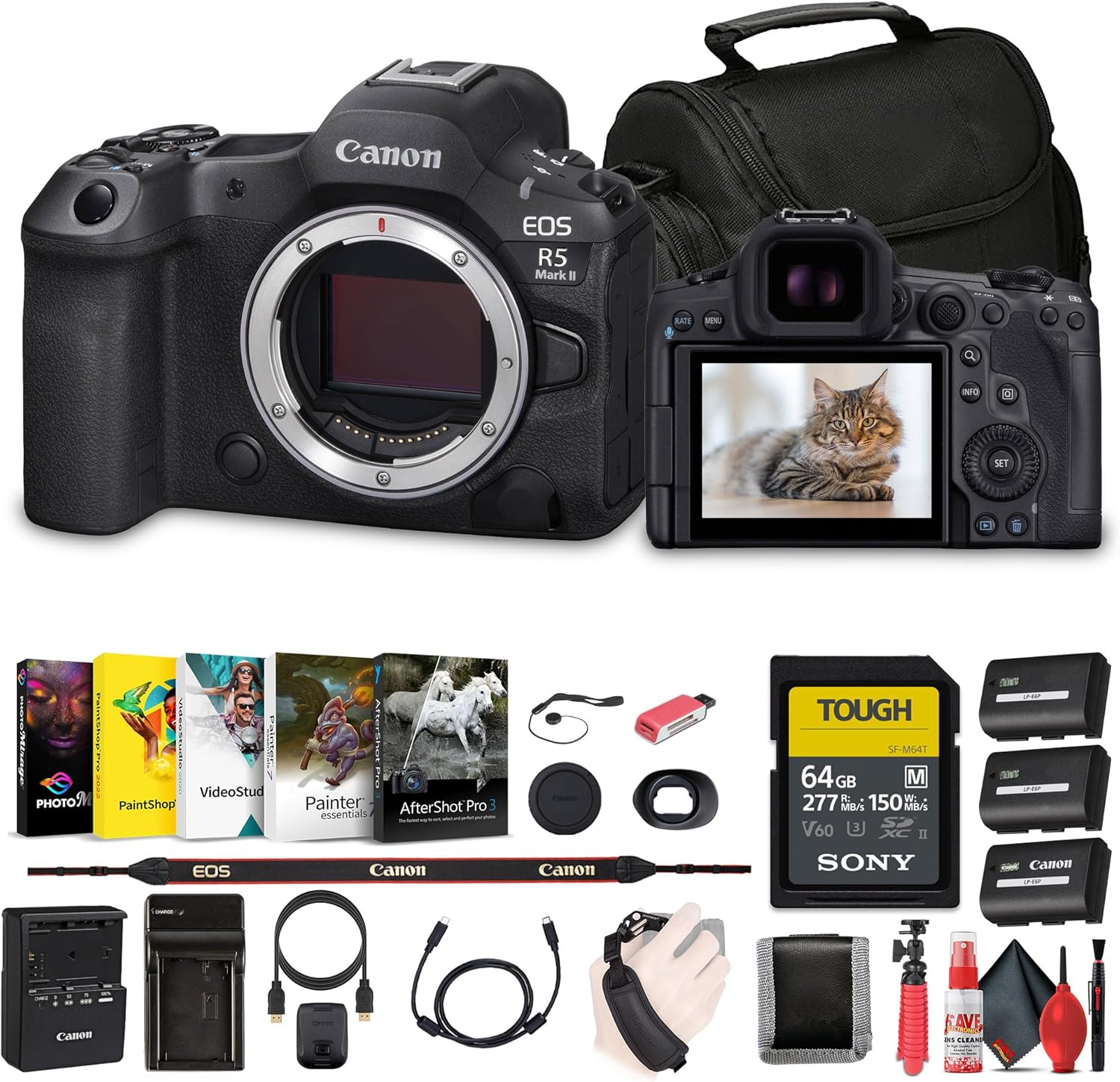Canon EOS R5 Mark II Mirrorless Camera, 45MP, Full-Frame Hybrid Camera, 8K Video (6536C002) + 64GB SF-M Tough Series Memory Card + Bag + Photo Editing Software + Charger + Card Reader + More (Renewed)