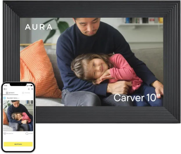 Carver HD WiFi Digital Picture Frame, 10.1”, Add Photos with Aura App, Free Unlimited Storage - Wirecutter’s Pick for Best Digital Photo Frame 2022 - Gravel 10" - Black