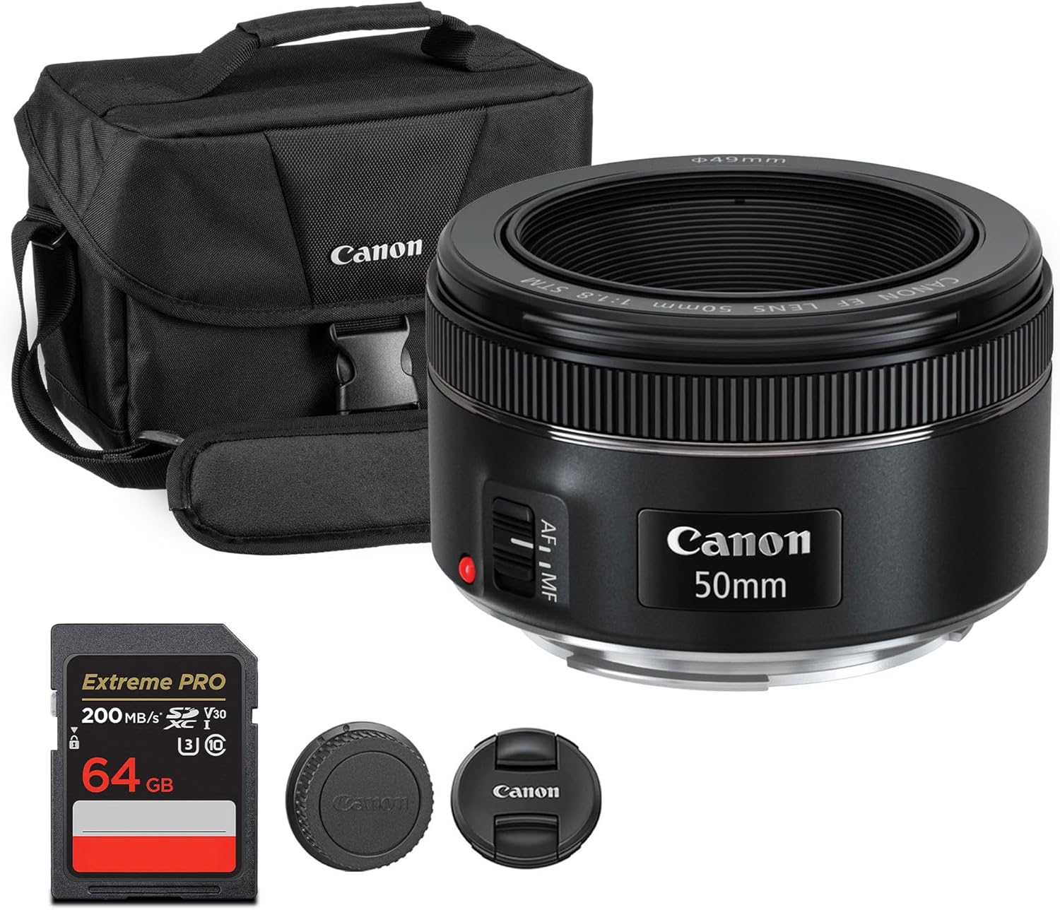 EF 50mm f/1.8 STM Lens - Compact Standard Prime with Bright f/1.8 Aperture & Smooth STM Autofocus - for Portraits, Low-Light, & Everyday Photography (0570C002) + Shoulder Bag + 64GB Card