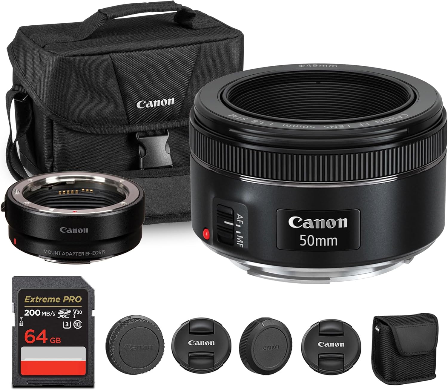 EF 50mm f/1.8 STM Lens- Compact Standard Prime with Bright f/1.8 Aperture & Smooth STM Autofocus- For Portraits, Low-Light, & Everyday Photography (0570C002) + Adapter EF-EOS R + Bag + 64GB Card