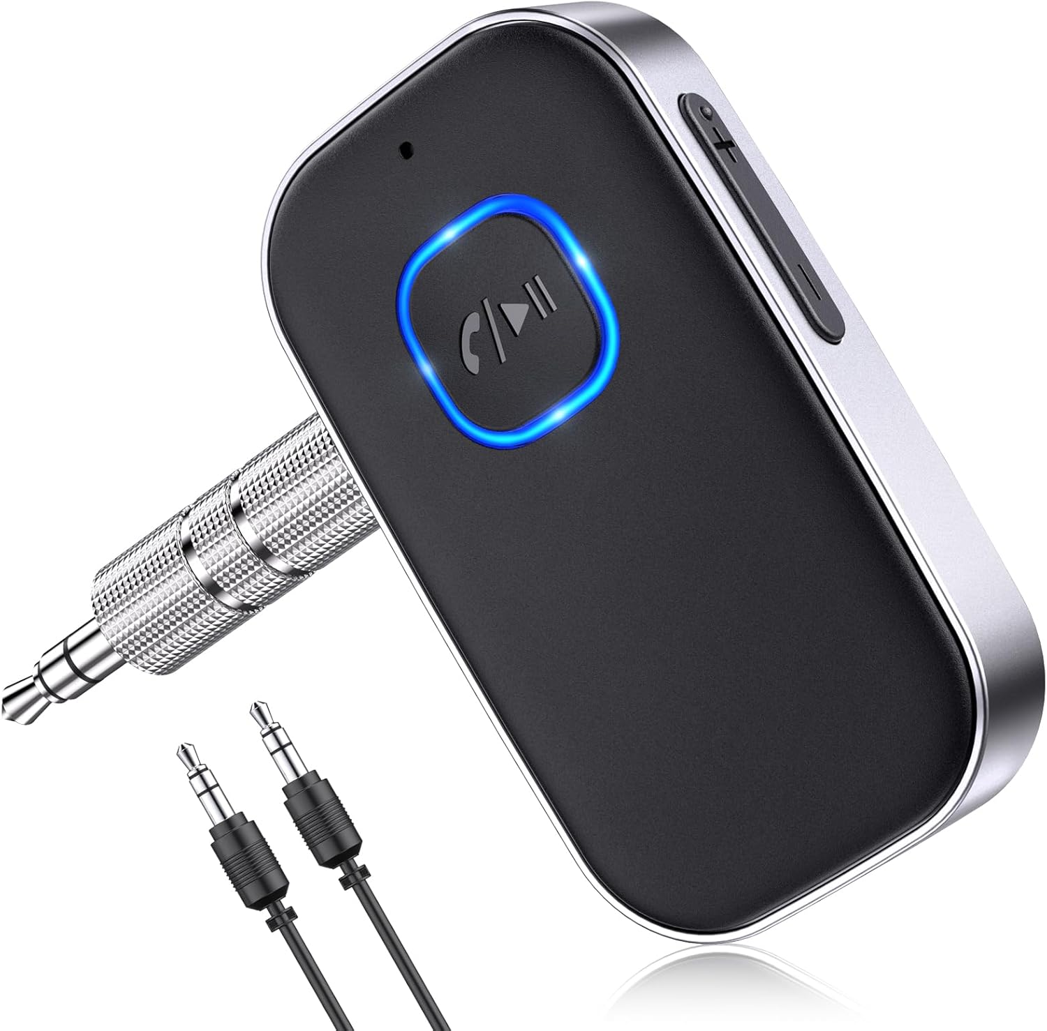 Bluetooth Receiver for Car, Noise Cancelling 3.5mm AUX Bluetooth Car Adapter, Wireless Audio Receiver for Home Stereo/Wired Headphones, Hands-Free Call, 16H Battery Life - Black+Silver