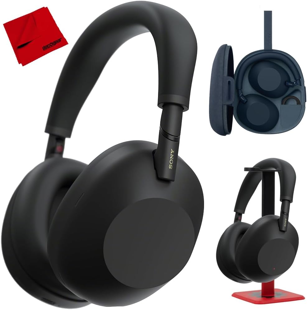 WH-1000XM6 Best Wireless Noise Canceling Headphones, Black Bundle with Deco Gear Pro Audio Headphone Stand in Matte Black/Red