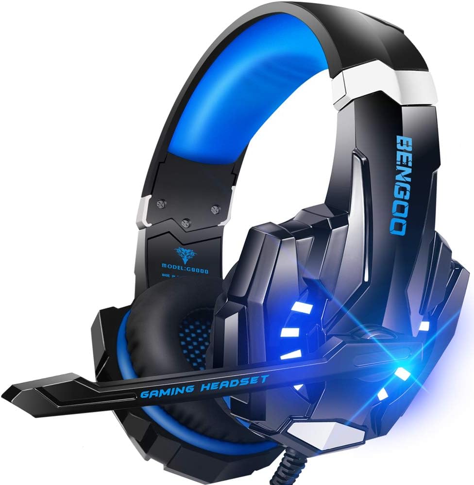 G9000 Stereo Gaming Headset for PS4 PC Xbox One PS5 Controller, Noise Cancelling Over Ear Headphones with Mic, LED Light, 7.1 Surround Sound, Soft Memory Earmuffs for Nintendo Xbox Series X-S Blue