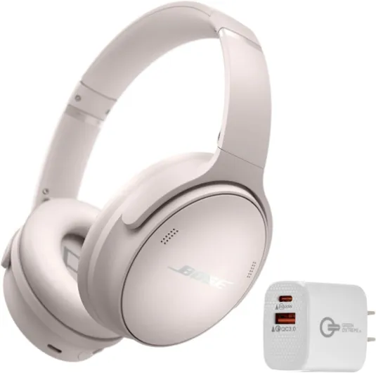 QuietComfort Bluetooth Headphones, Wireless Headphones with Active Over Ear Noise Cancelling and Mic, + Green Extreme 20W 2-Port Wall Charger (White)