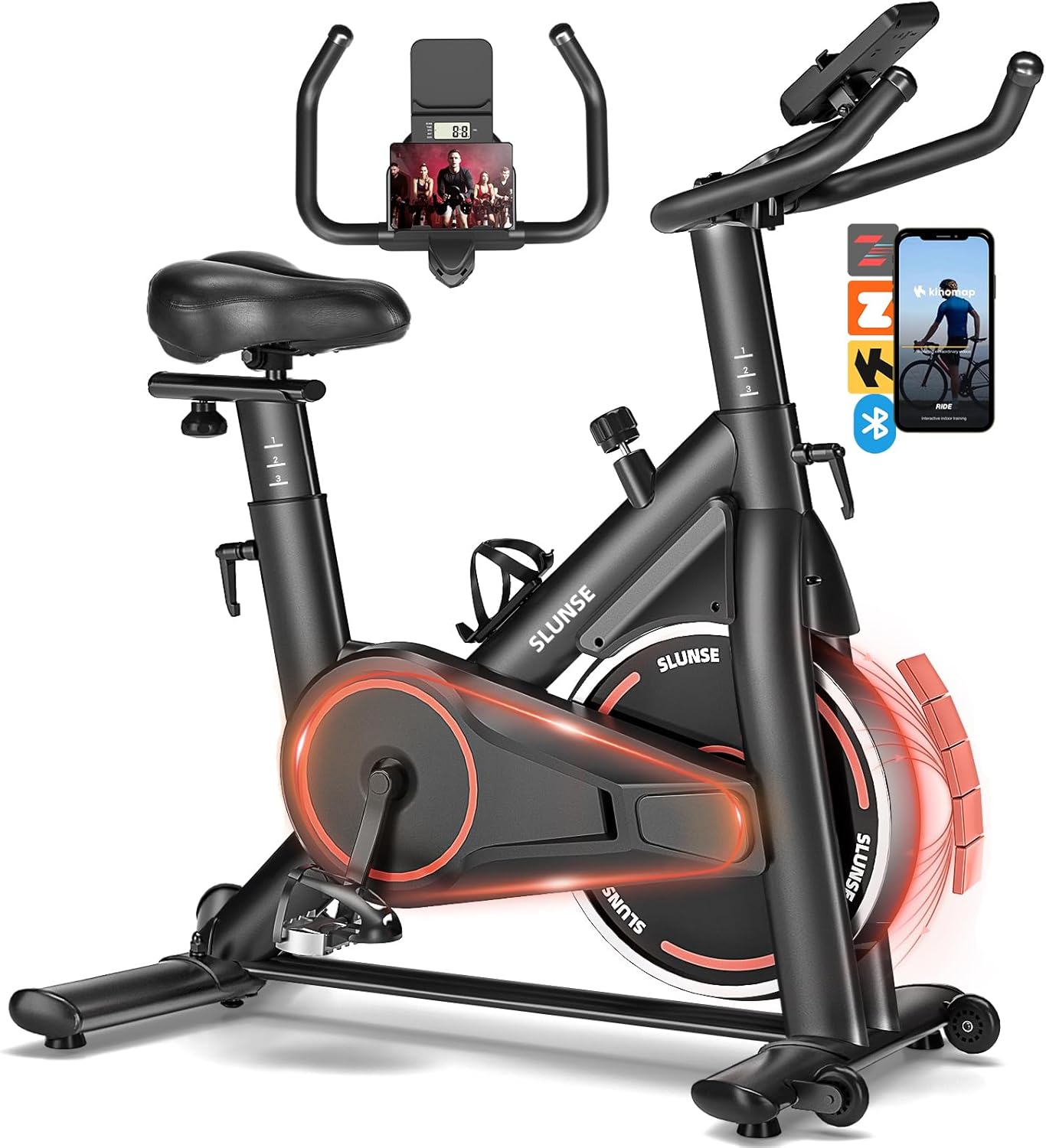 Exercise Bike, Adjustable Magnetic Resistance Stationary Bikes for Home with App Compatible, Quiet Indoor Cycling Bike with 350lbs Weight Capacity Comfortable Seat, Digital Monitor & Phone Mount Upgraded Magnetic + Compatible Applications -Black Red
