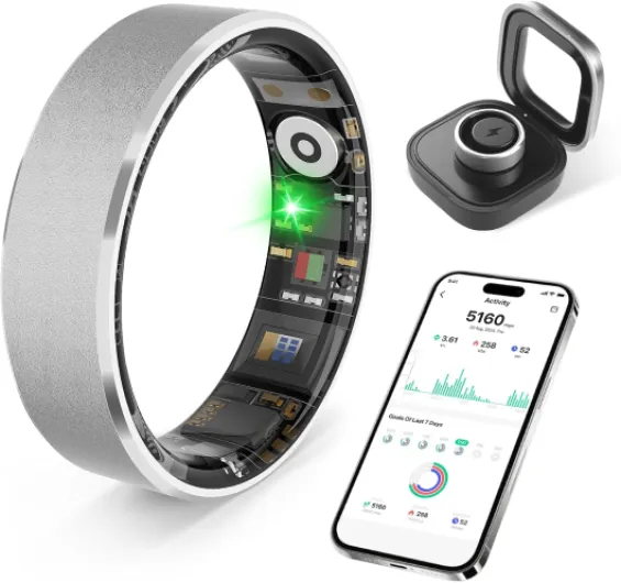 Smart Health Ring, Featuring Heart Rate, Stress and Sleep Monitoring Functions, Compatible with iPhone and Android, Waterproof Fitness Tracker for Women & Men, No Subscription Fee - (BS, 9) Brushed Silver 9