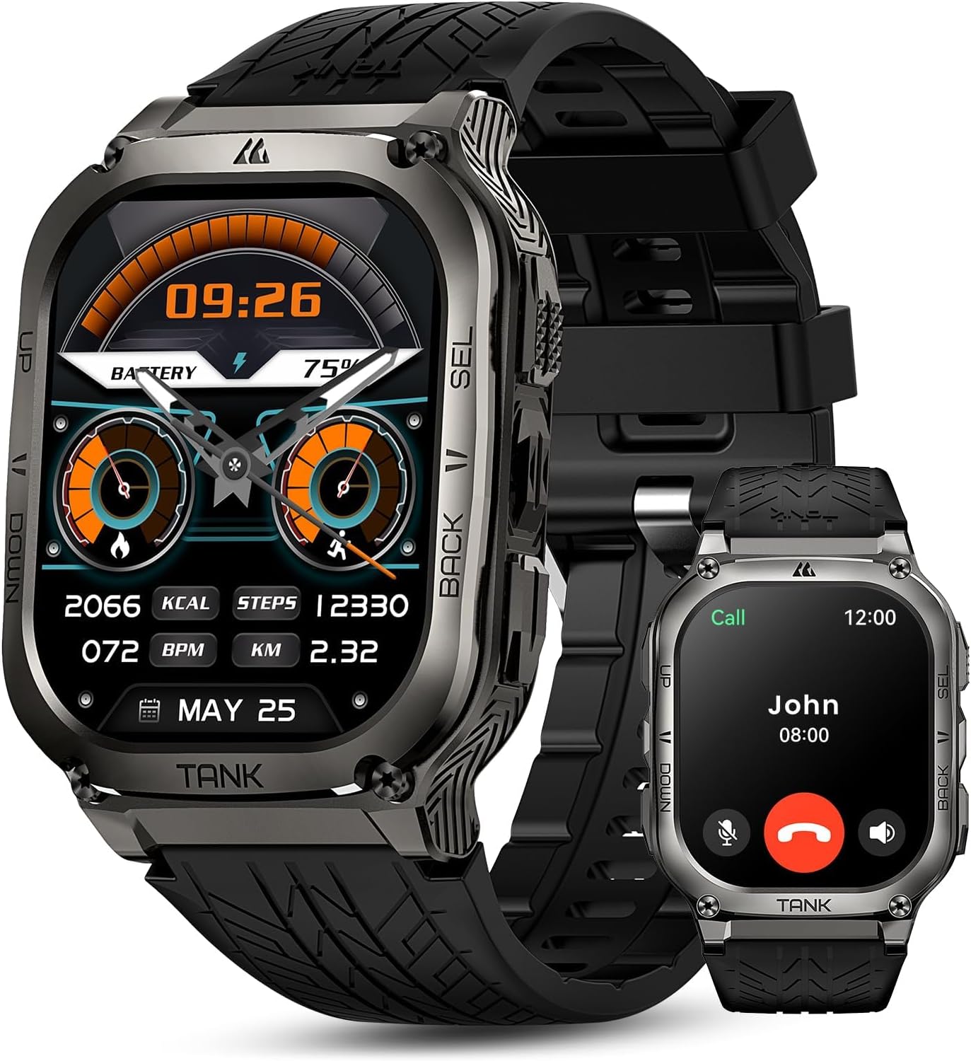 Smart Watch, 60 Days Extra-Long Battery, 5ATM Waterproof Swimming Diving, Full Metal Military Grade, Answer/Make Call, 2" AMOLED Display, Health Monitor Compatible for iPhone and Android Tactical Black