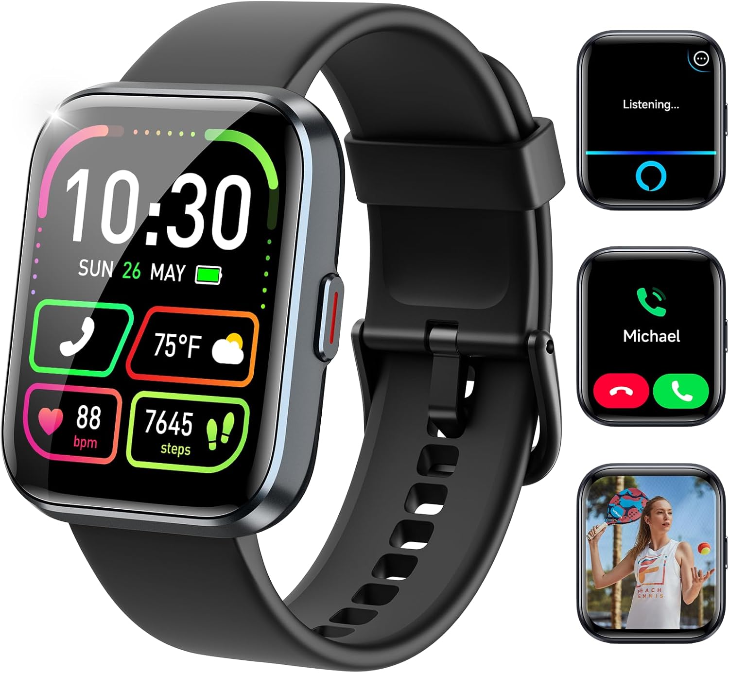 Smart Watches for Men Women, Alexa Built-in,1.83" Display Smartwatch Compatible iPhone/Android (Answer/Make Call), 3ATM Waterproof Fitness Tracker with Heart Rate/SpO2/Sleep Monitor,120+ Sport 1.83 inch Black
