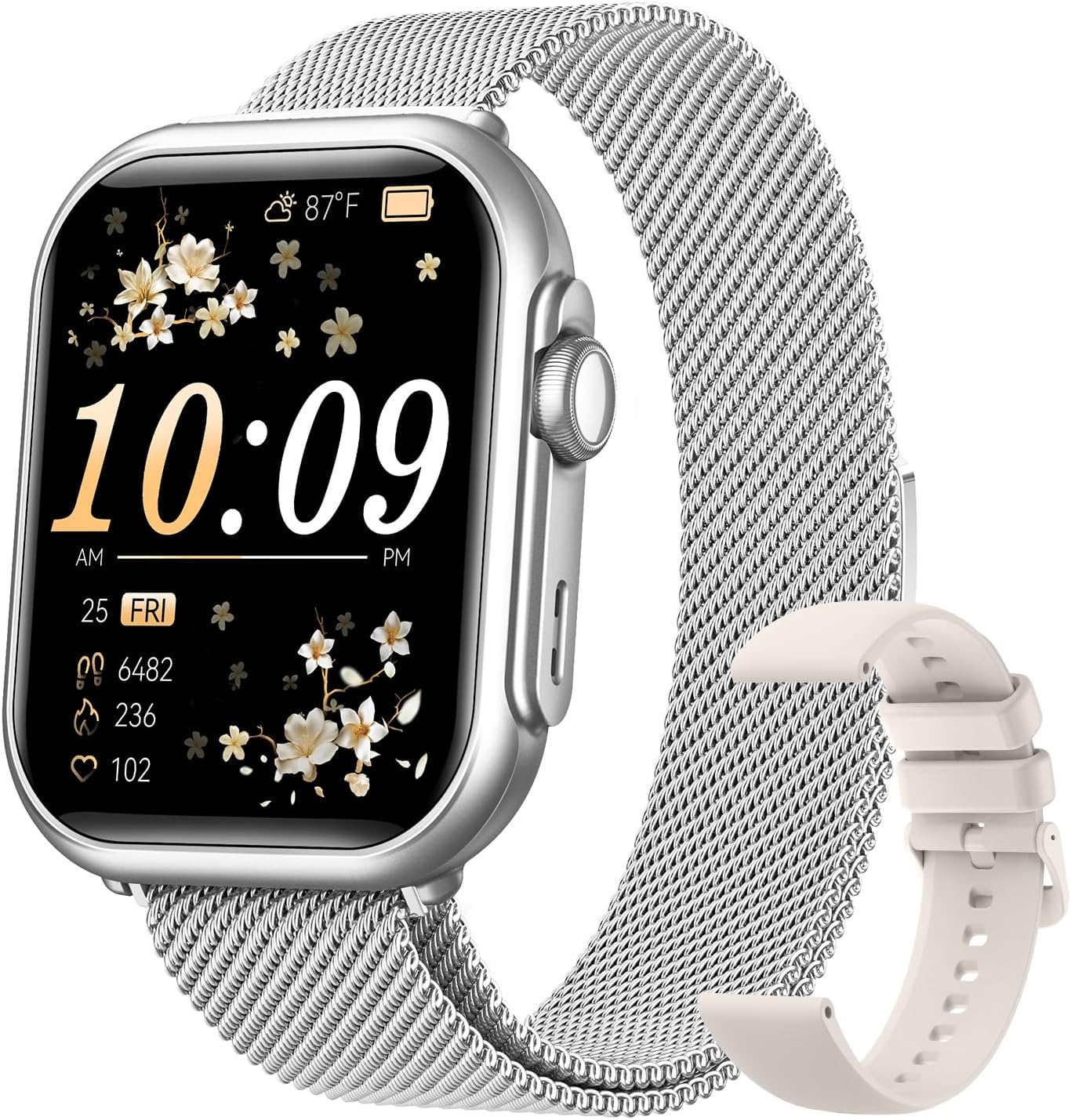 1.83" HD Smart Watch, 30 Days Battery Life, Sleep/Heart Rate/SpO2/Blood Pressure Monitor, Calls/Messages/Notifications, 5ATM 110+ Sports Modes Fitness Tracker Watch, for Women & Men/ Android & iPhone Silver-Beige