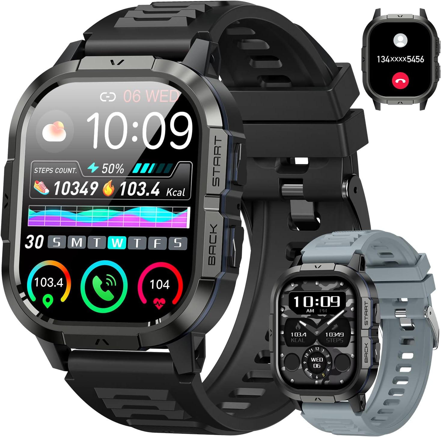 Smart Watch for Men Fitness Tracker: Make/Answer Call Military Smart Watches for Men Digital Mens Watches Running Waterproof Smartwatch Android Phones iPhone Samsung Compatible Heart Rate Monitor Black