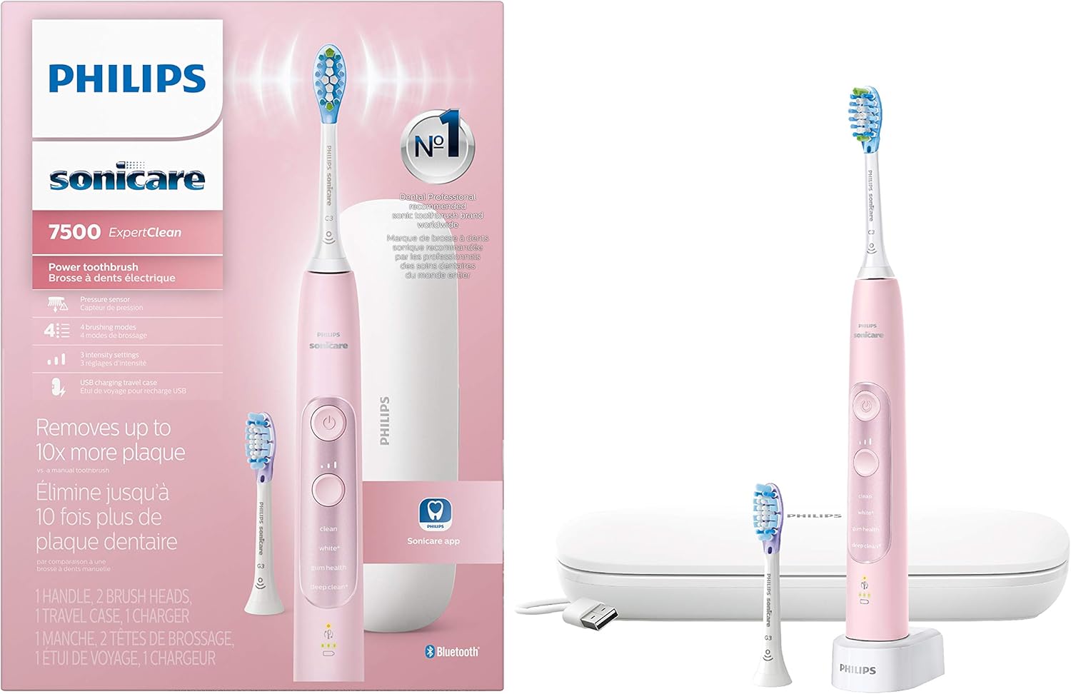 ExpertClean 7500 Pink, Rechargeable Electric Power Toothbrush, HX9690/07 1 Count (Pack of 1) Pink