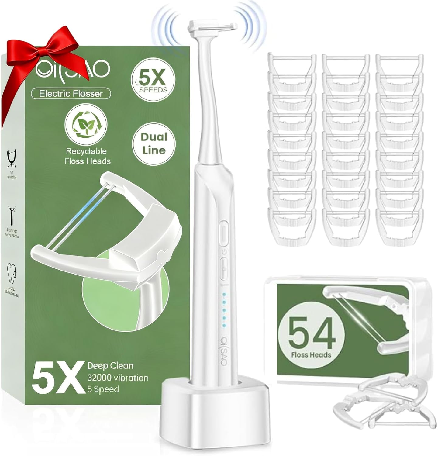 Electric Flosser for Teeth and Adults with 5 Speeds & 54 Refill Heads,Sonic Oscillation Gliding Dental Floss Picks Sensitive Gum Care,Water Flosser Alternative,5X Better Cleaning for Plaque,No Break White