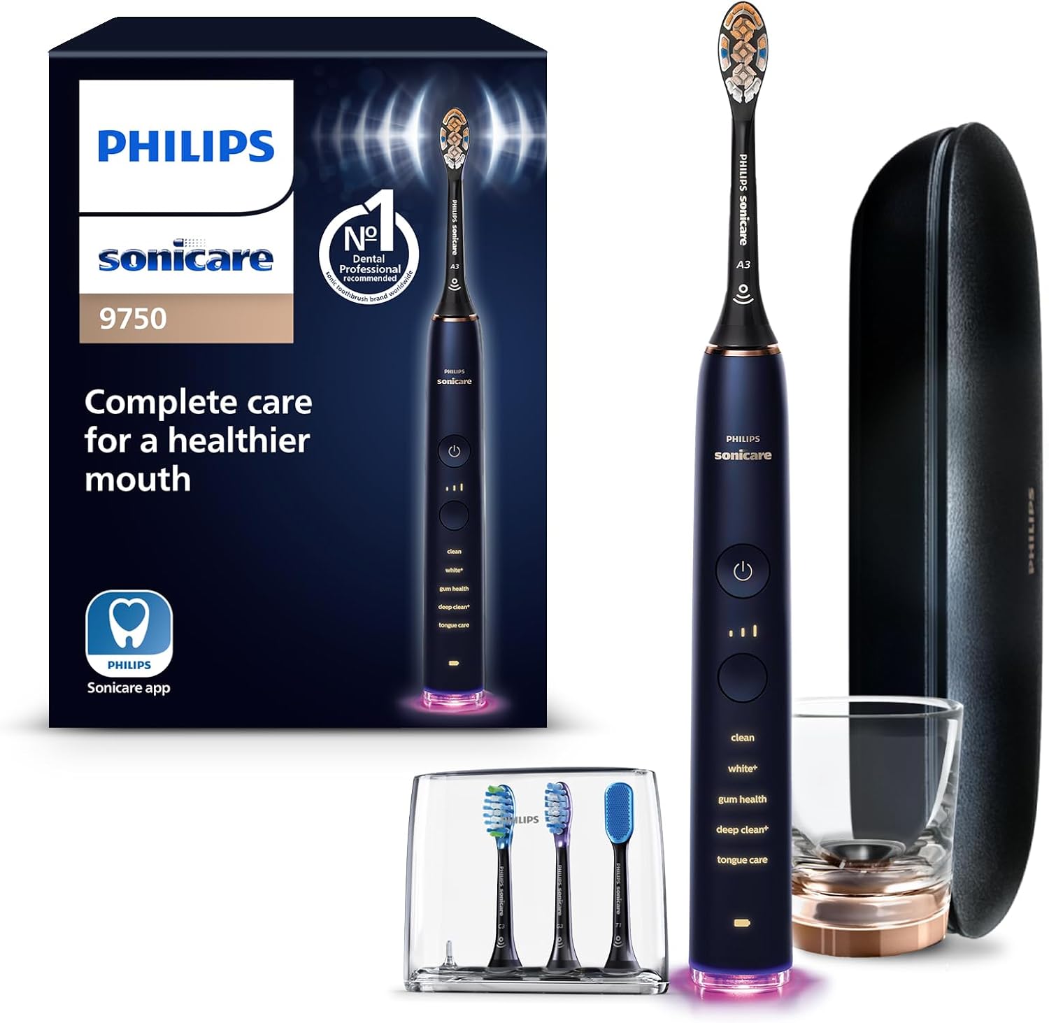 DiamondClean Smart 9750 Electric Toothbrush, Sonic Toothbrush with App, Pressure Sensor, Brush Head Detection, 5 Brushing Modes and 3 Intensity Levels, Lunar Blue, Model HX9954/74 1 Count (Pack of 1) New Lunar Blue