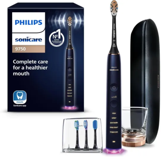 DiamondClean Smart 9750 Electric Toothbrush, Sonic Toothbrush with App, Pressure Sensor, Brush Head Detection, 5 Brushing Modes and 3 Intensity Levels, Lunar Blue, Model HX9954/74 1 Count (Pack of 1) New Lunar Blue