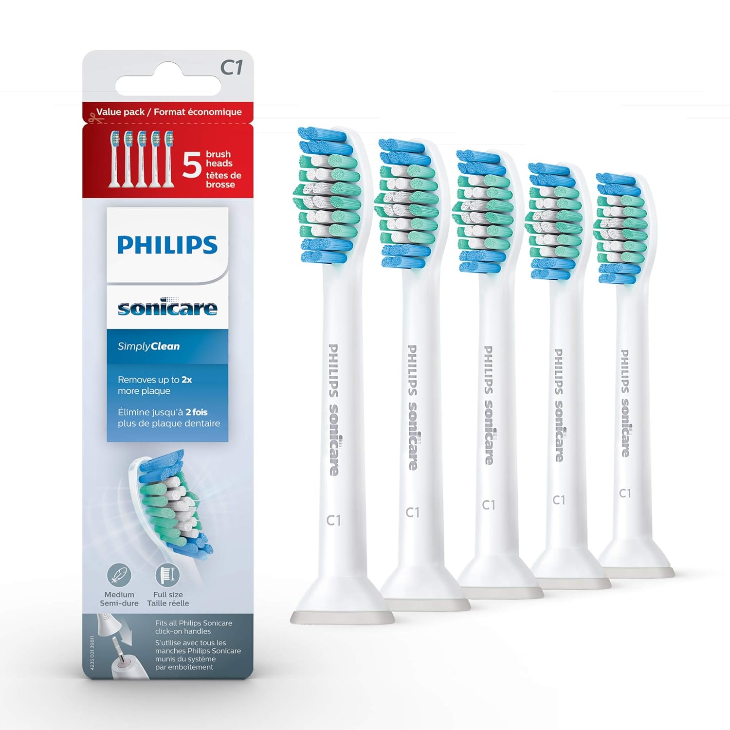 Genuine SimplyClean Replacement Toothbrush Heads, 5 Brush Heads, White, HX6015/03 White 5 Count (Pack of 1)