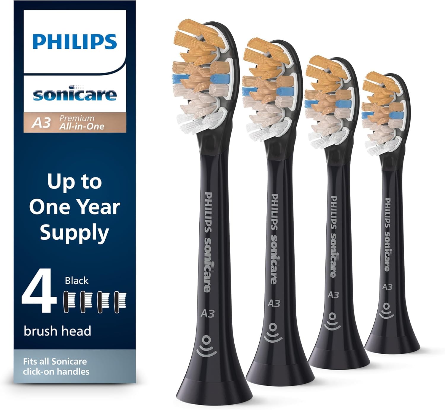 A3 All-in-One - Genuine Replacement Electric Toothbrush Heads, Black, 4 Pack One Year Supply, HX9094/95 1 Count (Pack of 4) Black