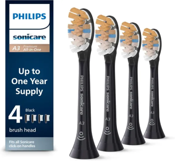 A3 All-in-One - Genuine Replacement Electric Toothbrush Heads, Black, 4 Pack One Year Supply, HX9094/95 1 Count (Pack of 4) Black