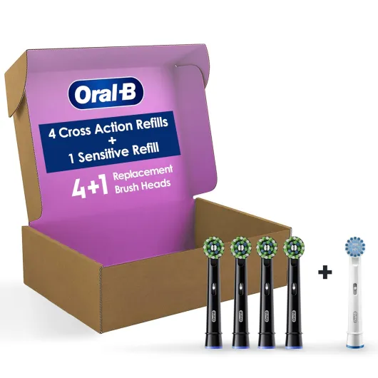 Oral-B CrossAction Electric Toothbrush Replacement Brush Heads, Black, 4 Count + 1 Sensitive White White 1 Count (Pack of 5)
