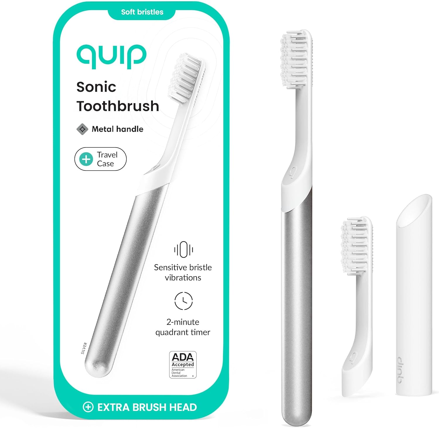 Sonic Toothbrush for Adults with Timer - Includes Extra Brush Head and Travel Cover Mount - Electric, Soft Bristle Refill Head, Metal Handle, 3 Month Battery Life - Travel Toothbrush - Silver 1 Count (Pack of 1) Silver