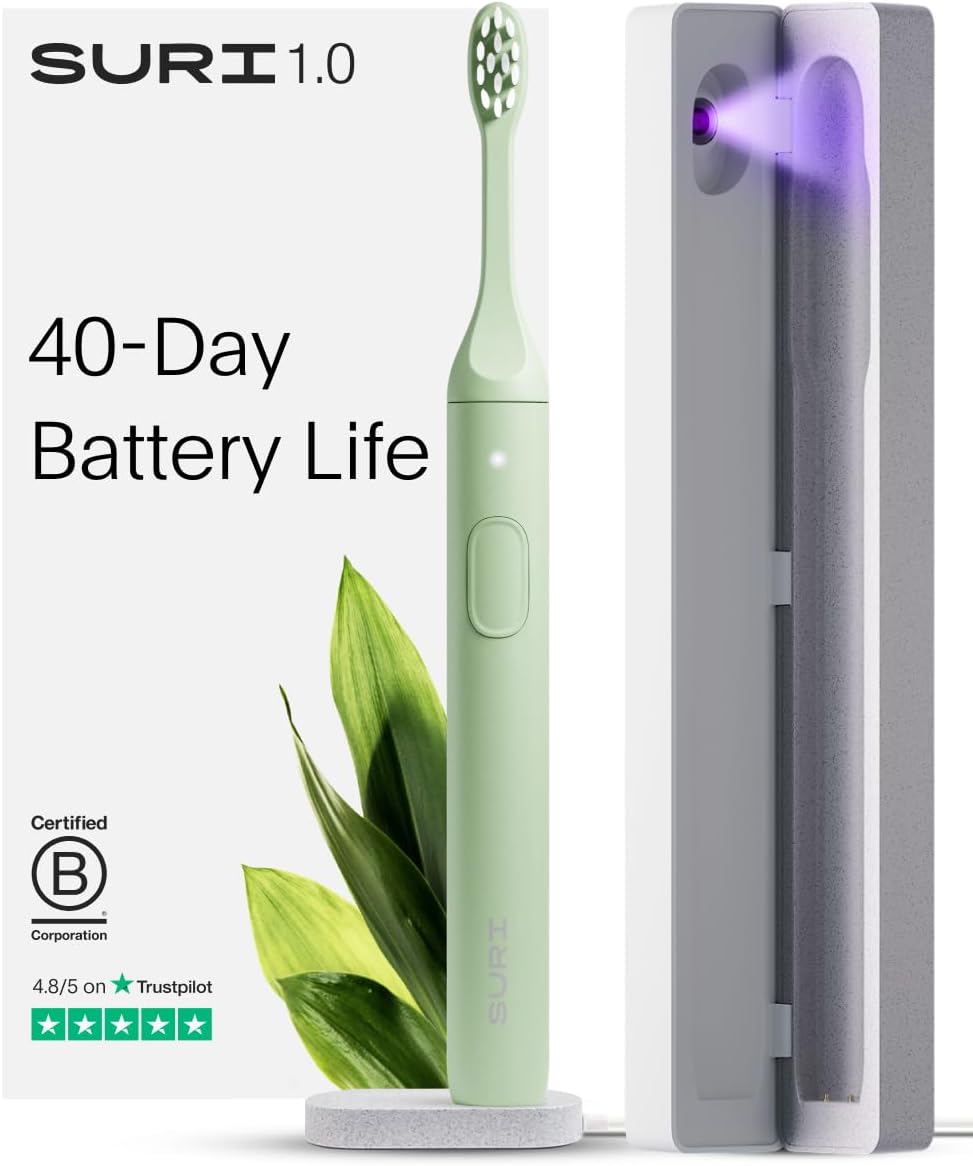 1.0 Sonic Electric Toothbrush with UV Cleaning Travel Case - 1 Month+ Battery - Designed in California - Electric Toothbrush for Adults - Travel Toothbrushes - Tooth Brush - Green UV Case + Toothbrush Winter Fern