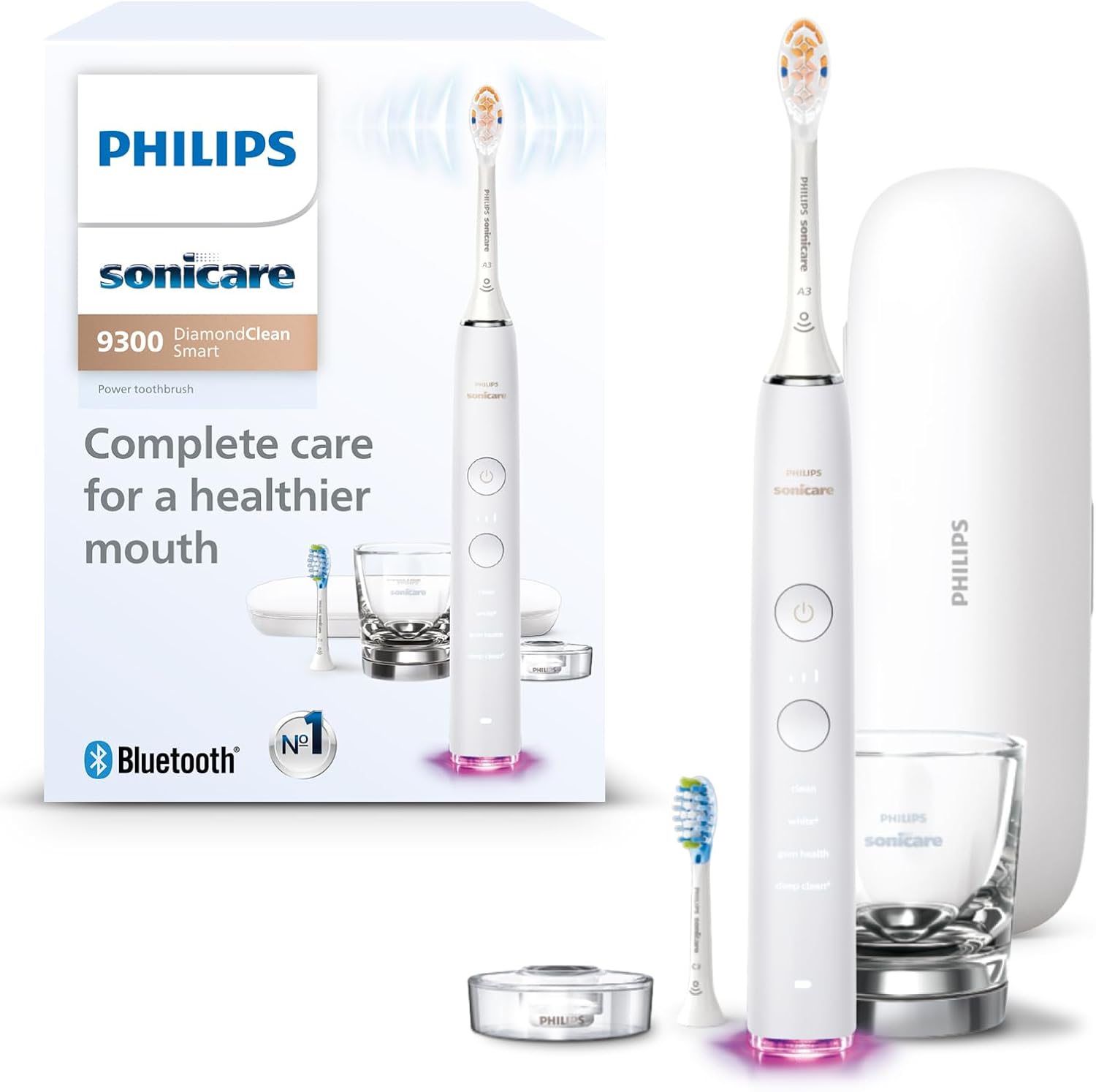 DiamondClean Smart 9300 Electric Toothbrush, Sonic Toothbrush with App, Pressure Sensor, Brush Head Detection, 4 Brushing Modes and 3 Intensity Levels, White, Model HX9903/05 1 Count (Pack of 1) New White