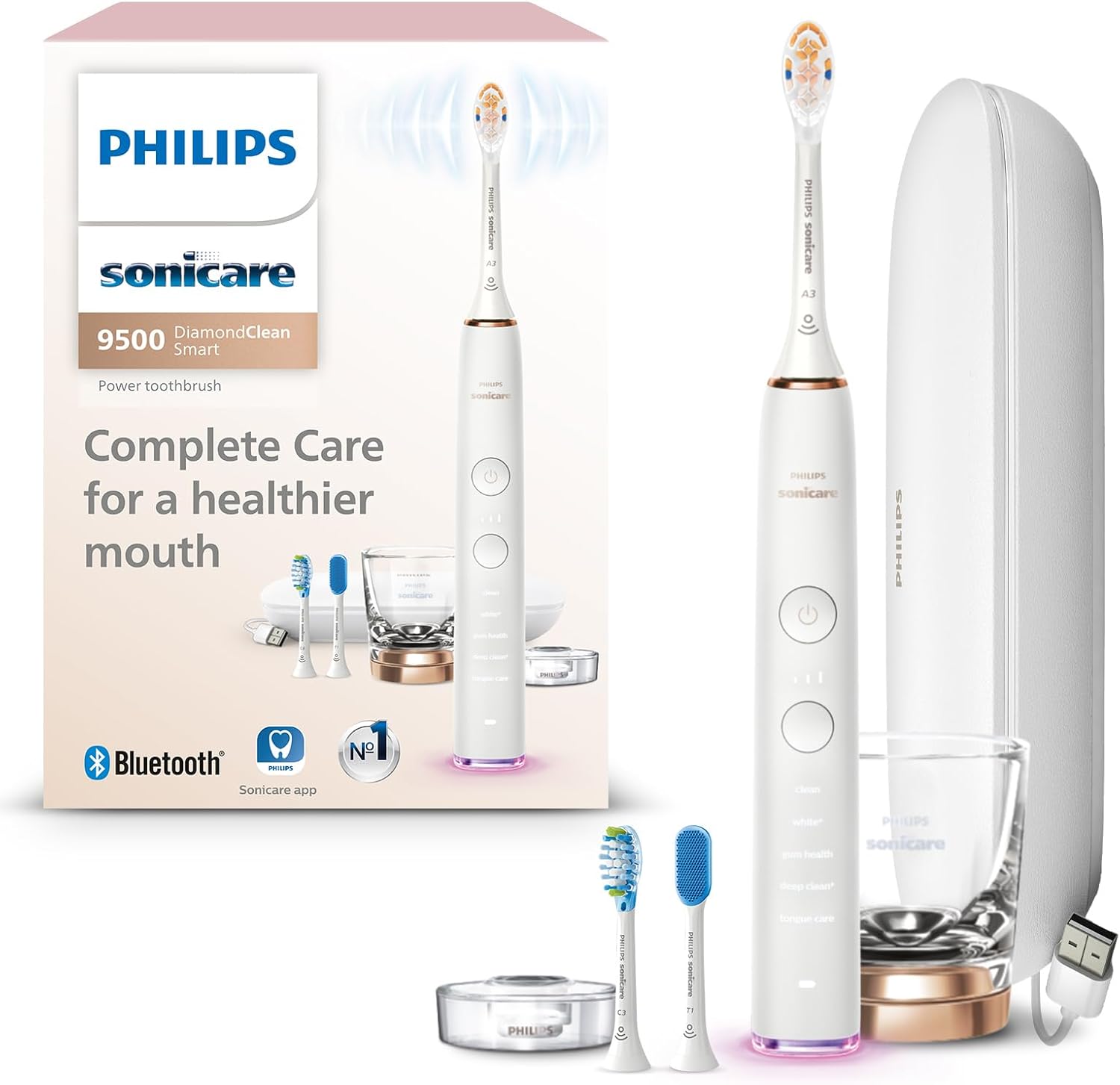 DiamondClean Smart 9500 Electric Toothbrush, Sonic Toothbrush with App, Pressure Sensor, Brush Head Detection, 5 Brushing Modes and 3 Intensity Levels, Rosegold, Model HX9923/61 1 Count (Pack of 1) New Rose Gold