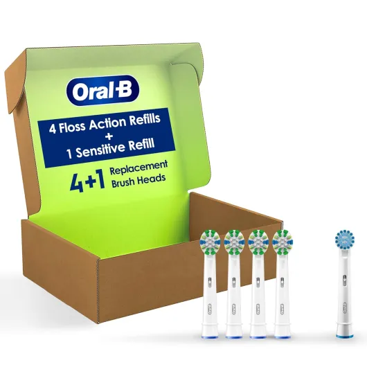 Oral-B FlossAction Electric Toothbrush Replacement Brush Heads, White, 4 Count + 1 Sensitive White 1 Count (Pack of 5)