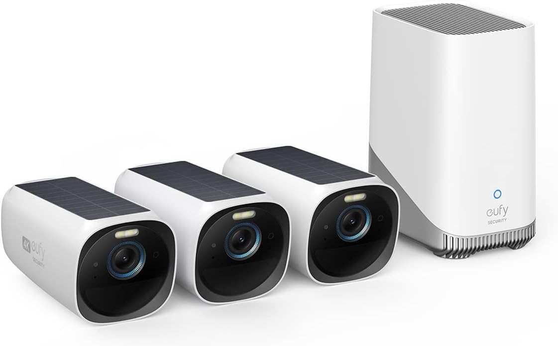 EufyCam S330(eufyCam 3) 3-Cam Kit, Security Camera Outdoor Wireless, 4K Camera with Integrated Solar Panel, Face Recognition AI, Expandable Local Storage, 2.4 GHz Wi-Fi, No Monthly Fee 3 Camera Kit