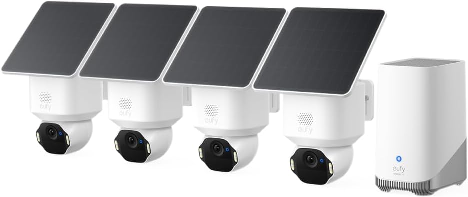 SoloCam E42 4-Cam Kit (HomeBase S380), 4K Security Camera Wireless Outdoor, Solar Powered, AI Motion Tracking, Strobe Light, Pan & Tilt, Facial Recognition, Local Storage Up to 16 TB