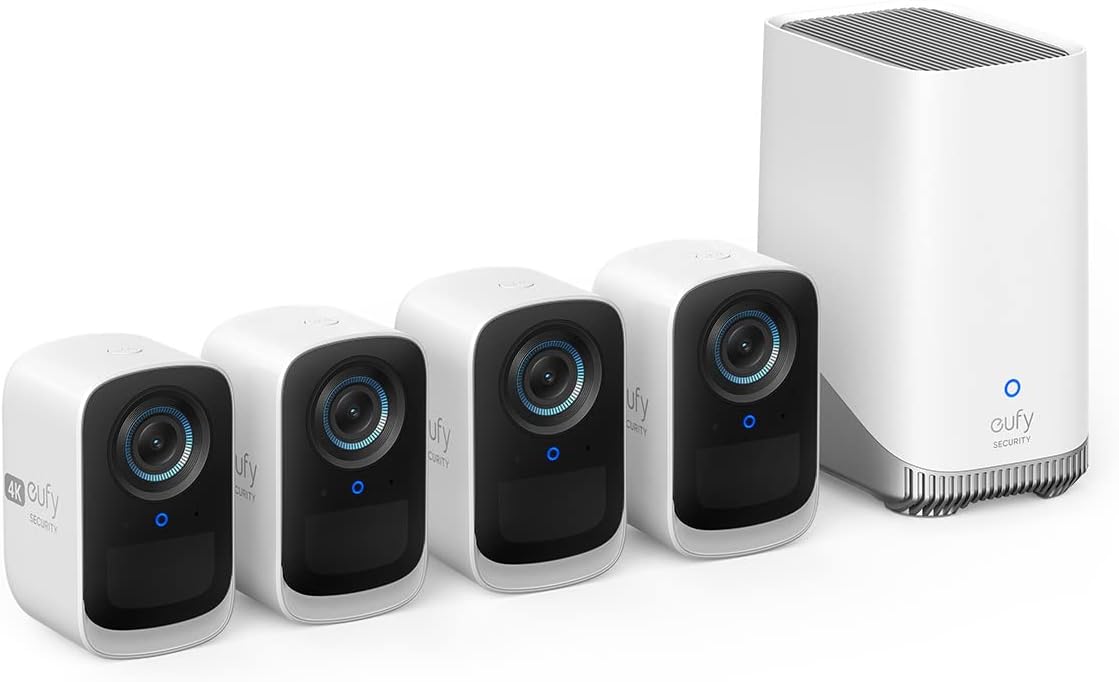 EufyCam S300(eufyCam 3C)4-Cam Kit, Security Camera Outdoor Wireless, 4K Camera, Expandable Local Storage, Face Recognition AI, Spotlight, Color Night Vision, 2.4GHz Wi-Fi, No Monthly Fee 4 cam pack White