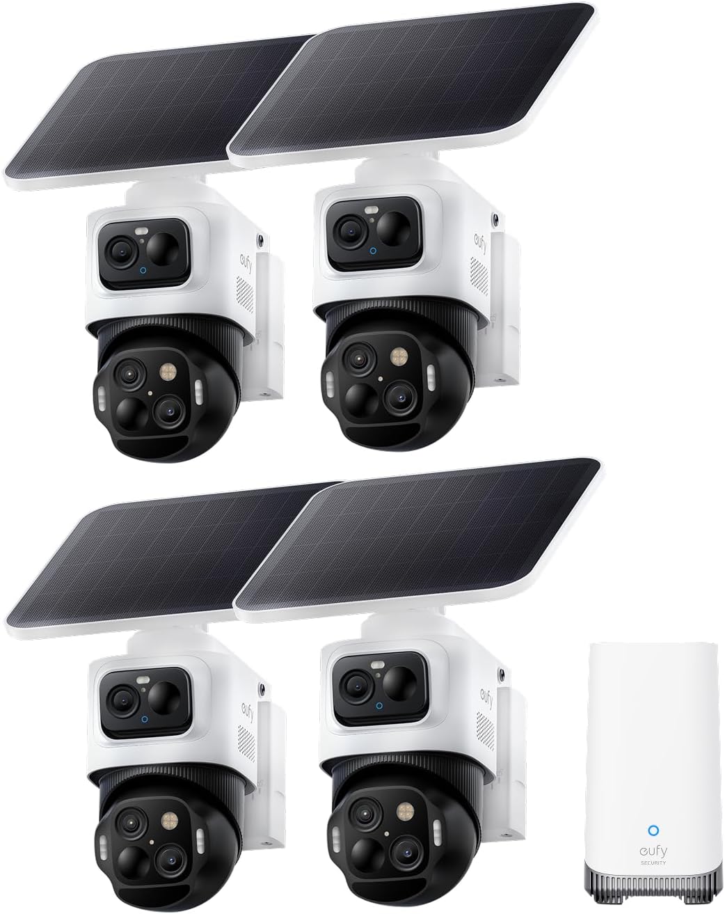 EufyCam S4 4-Cam Kit, Solar Security Camera Wireless Outdoor, Triple Lens Bullet-PTZ Cam, 4K UHD, 360° Pan and Tilt, Auto Track, 8× Hybrid Zoom, Color Night Vision, Expandable Storage