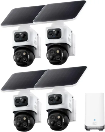 EufyCam S4 4-Cam Kit, Solar Security Camera Wireless Outdoor, Triple Lens Bullet-PTZ Cam, 4K UHD, 360° Pan and Tilt, Auto Track, 8× Hybrid Zoom, Color Night Vision, Expandable Storage
