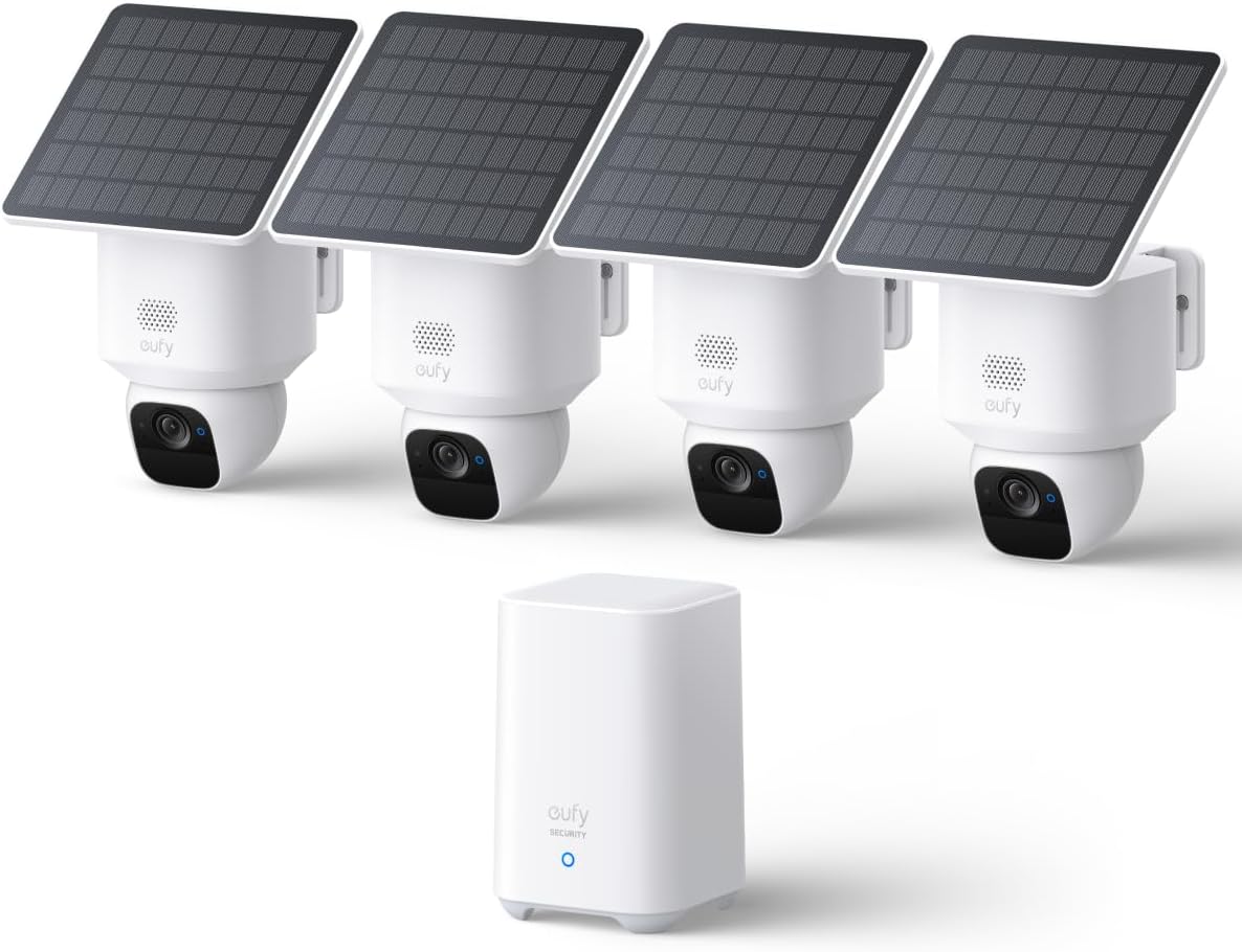 SoloCam E30, 4-Cam Pack Kit, Security Cameras Wireless Outdoor, Solar Camera Outdoor Wireless, 360° Pan, AI Tracking, 2K Clarity, No Monthly Fee 4 Pack+Homebase 2